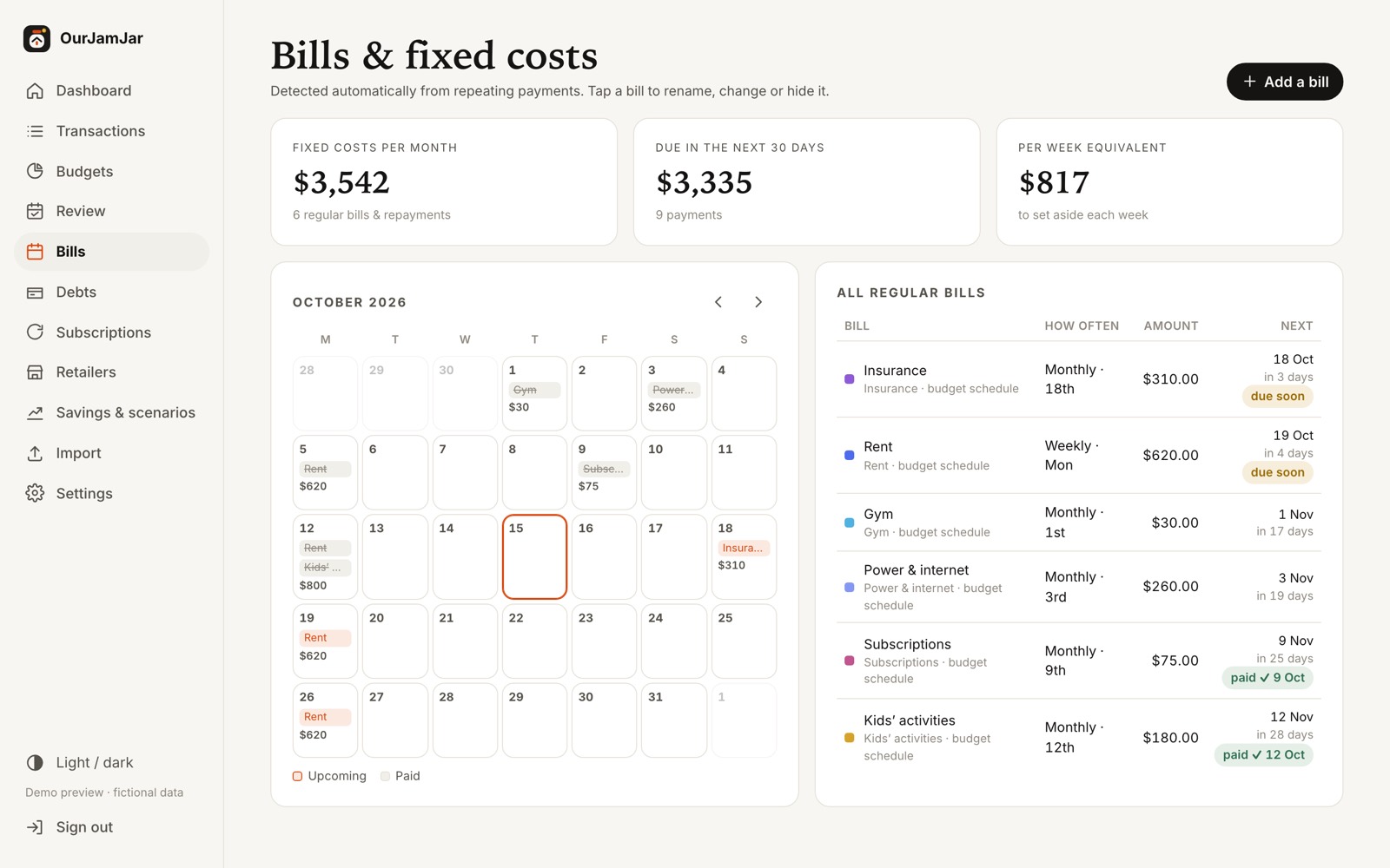 Bills calendar with upcoming payments and monthly fixed costs